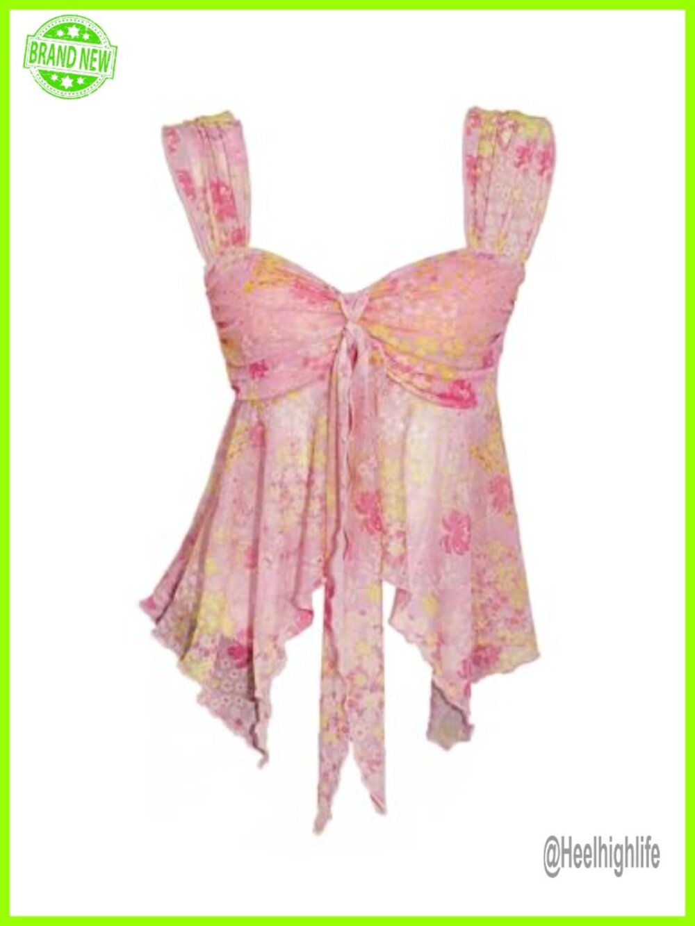 Floral Mesh Tank Top Tie Front Sweetheart Neck Sleeveless Summer Top